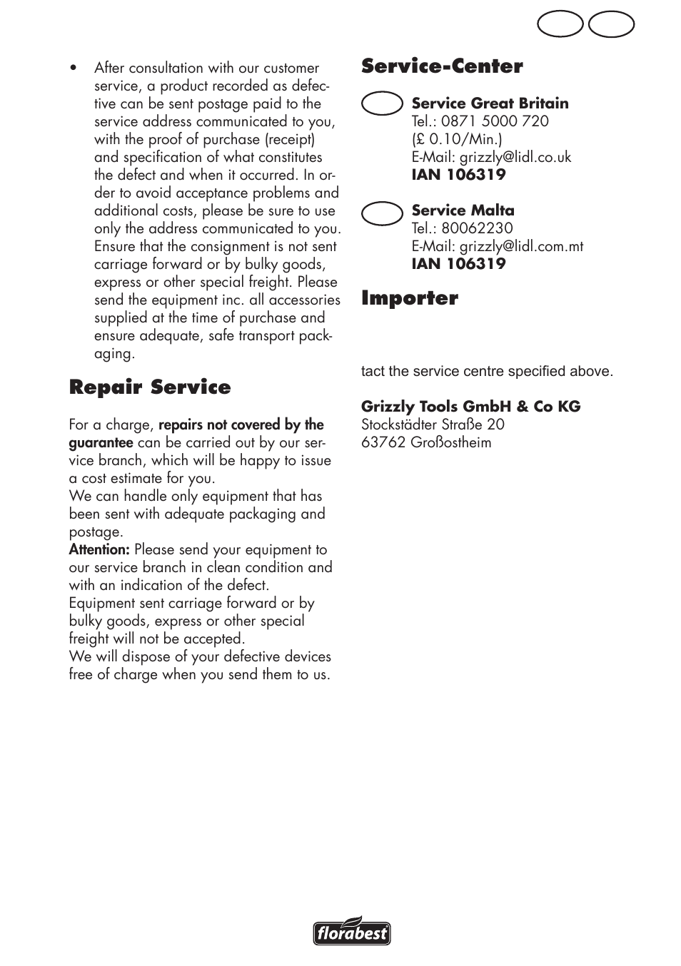 Mt gb, Repair service, Service-center | Importer, Gb mt | Florabest FRM 1800 B2 User Manual | Page 29 / 52