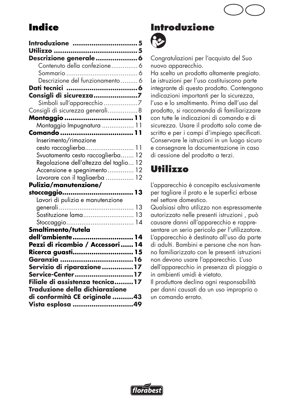 Indice, Introduzione, Utilizzo | Mt it | Florabest FRM 1800 B2 User Manual | Page 5 / 52