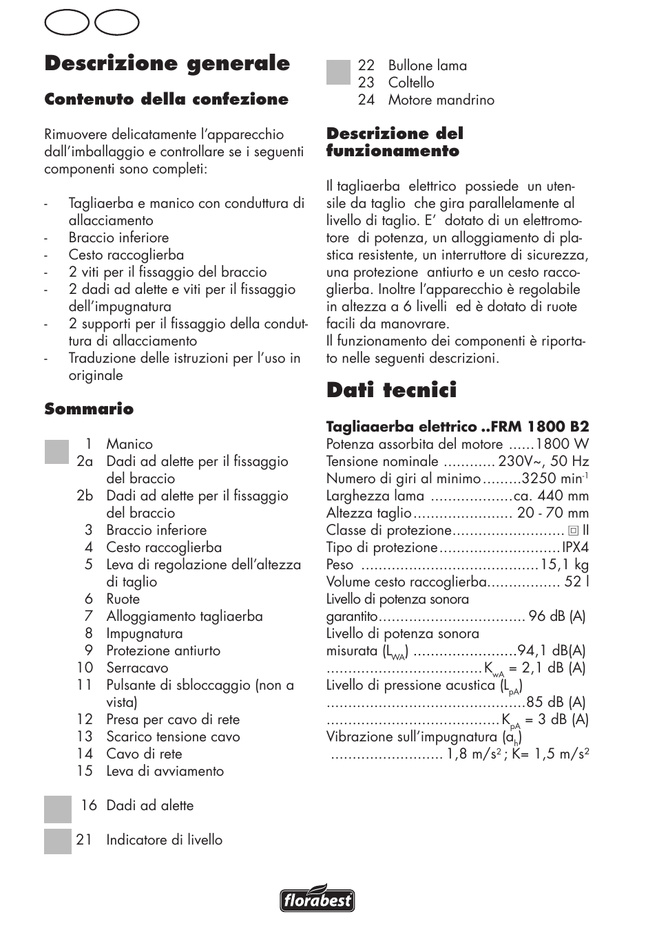 Dati tecnici, Descrizione generale, Mt it | Florabest FRM 1800 B2 User Manual | Page 6 / 52