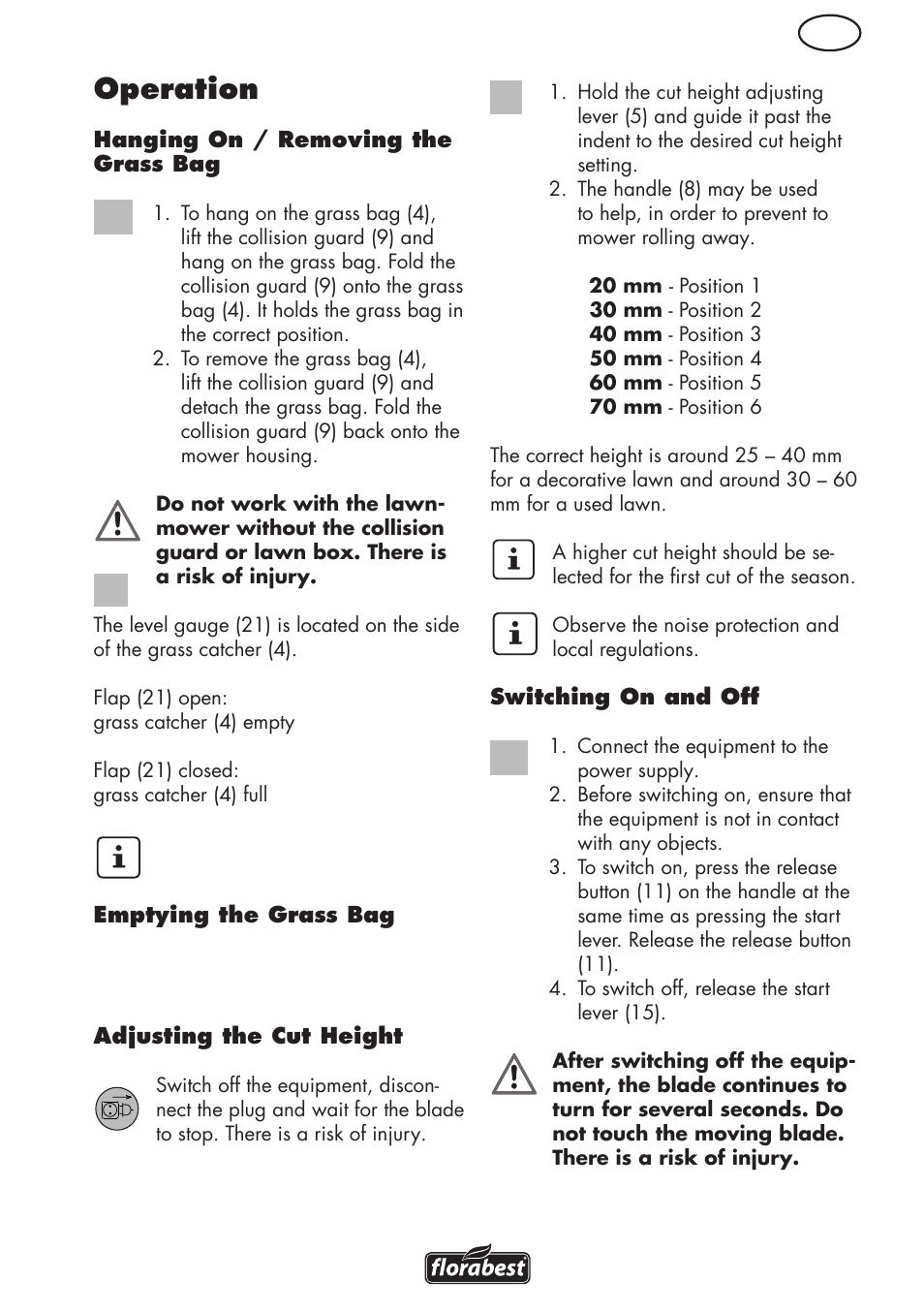 Operation | Florabest FRM 1800 B2 User Manual | Page 11 / 108