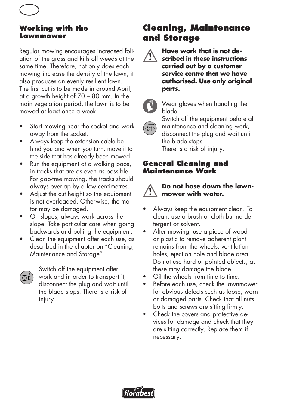 Cleaning, maintenance and storage | Florabest FRM 1800 B2 User Manual | Page 12 / 108