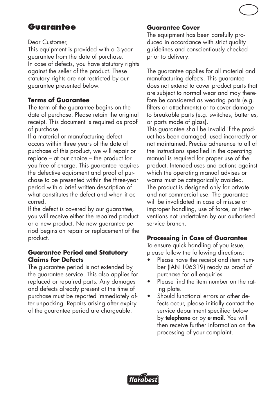Gb guarantee | Florabest FRM 1800 B2 User Manual | Page 15 / 108