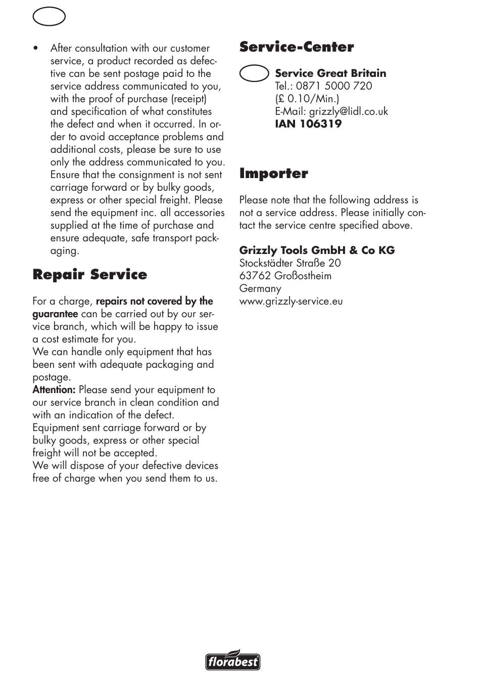 Repair service, Service-center, Importer | Florabest FRM 1800 B2 User Manual | Page 16 / 108