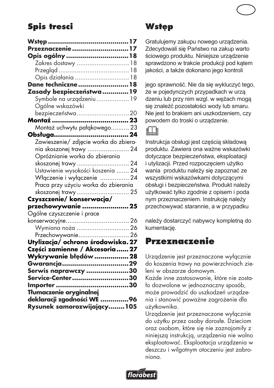 Przeznaczenie, Pl spis tresci, Wstęp | Florabest FRM 1800 B2 User Manual | Page 17 / 108