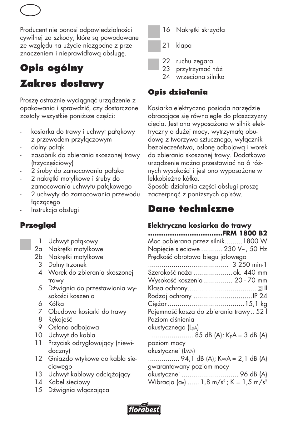 Opis ogólny zakres dostawy, Dane techniczne | Florabest FRM 1800 B2 User Manual | Page 18 / 108