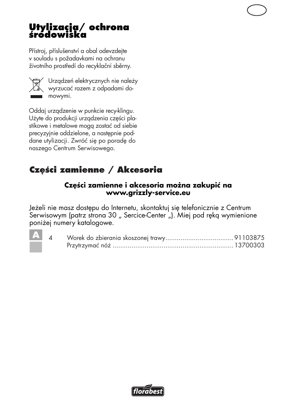 Utylizacja/ ochrona środowiska, Części zamienne / akcesoria | Florabest FRM 1800 B2 User Manual | Page 27 / 108