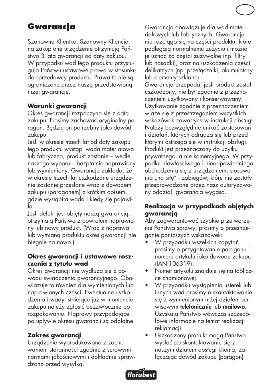 Wykrywanie błędów, Gwarancja | Florabest FRM 1800 B2 User Manual | Page 29 / 108