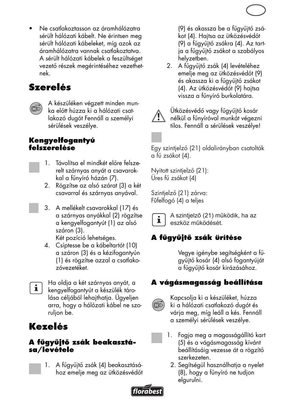 Szerelés, Kezelés | Florabest FRM 1800 B2 User Manual | Page 37 / 108