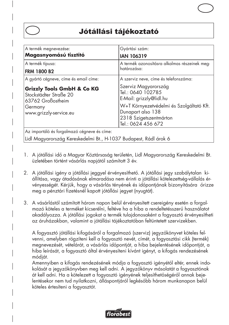 Jótállási tájékoztató | Florabest FRM 1800 B2 User Manual | Page 43 / 108