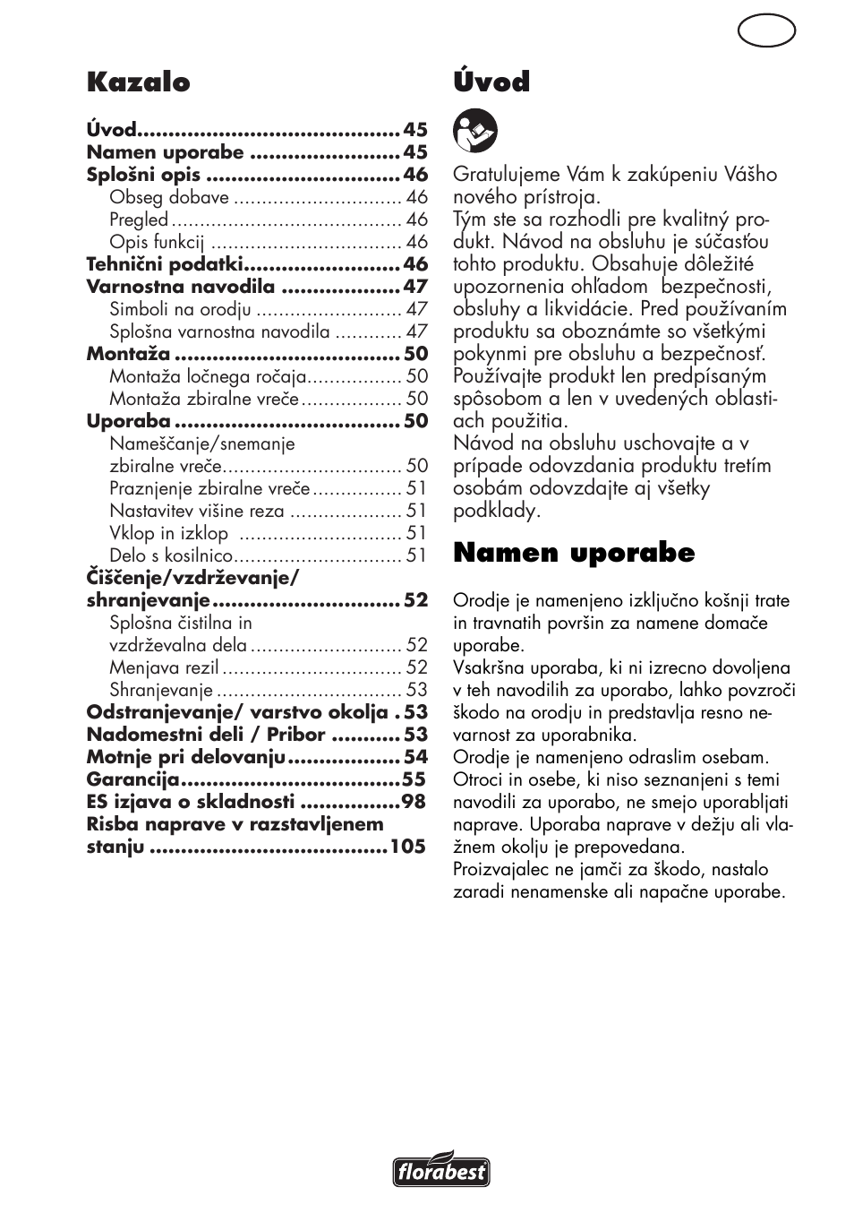 Kazalo, Úvod, Namen uporabe | Florabest FRM 1800 B2 User Manual | Page 45 / 108