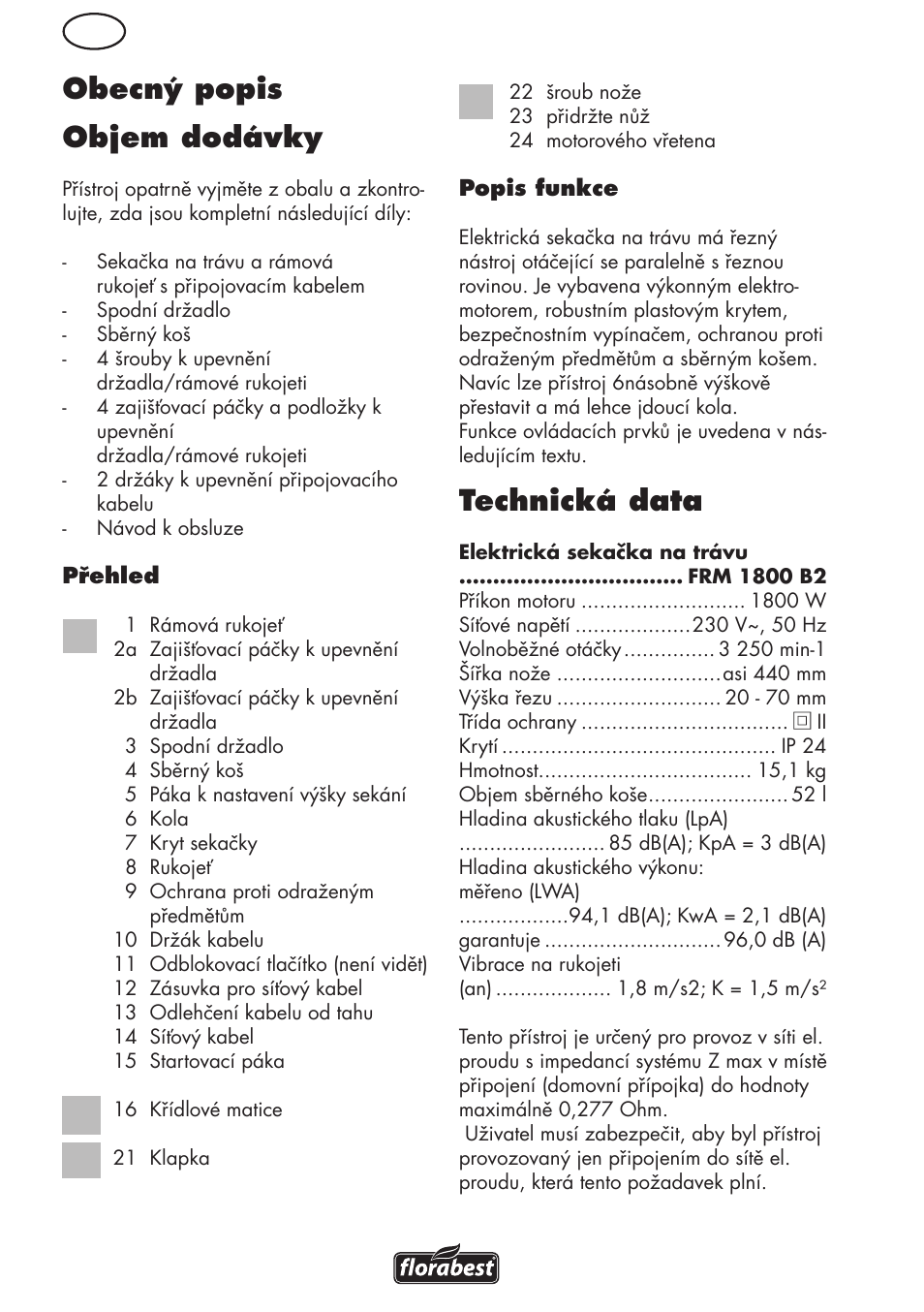 Obecný popis objem dodávky, Technická data | Florabest FRM 1800 B2 User Manual | Page 58 / 108