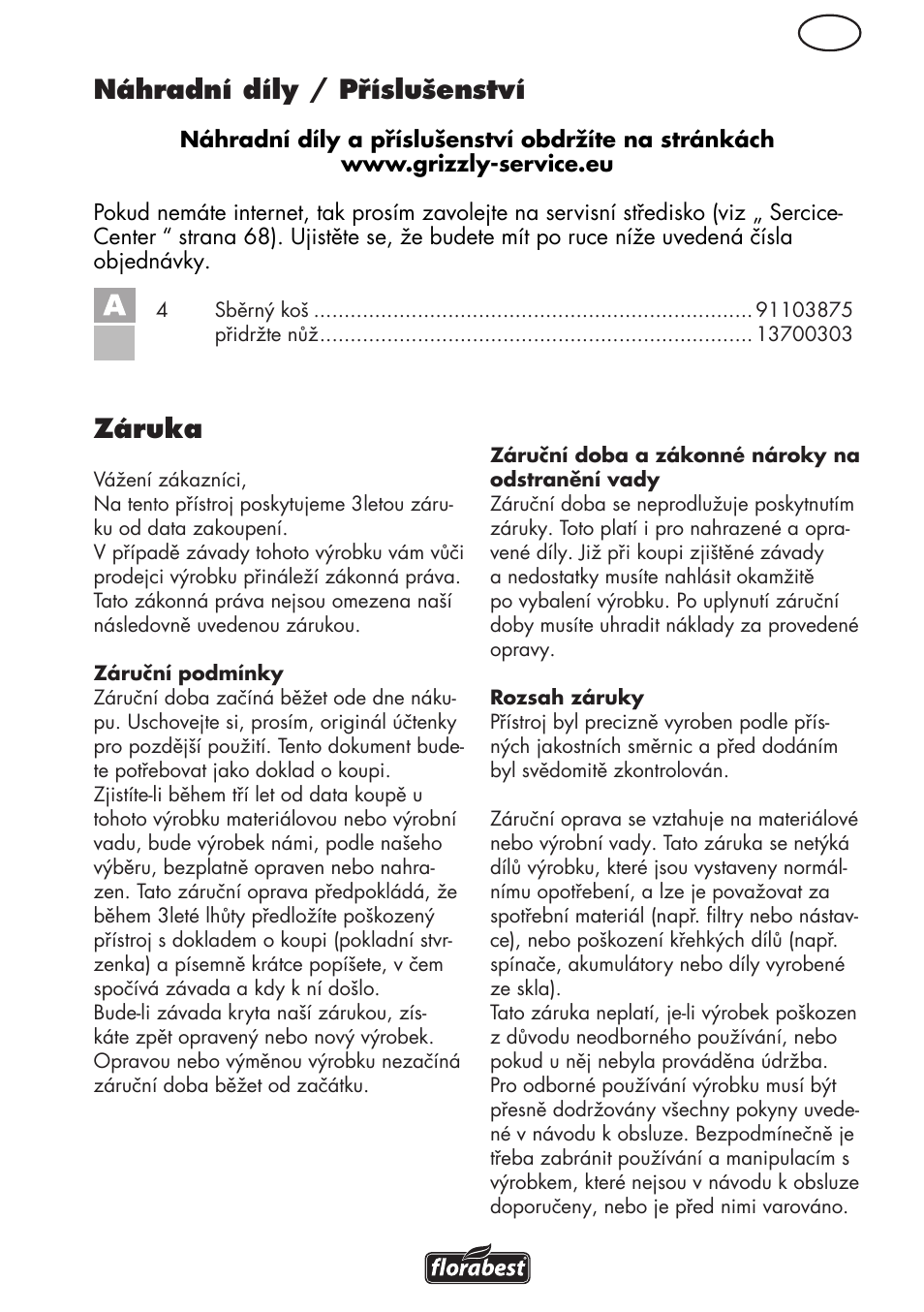 Cz záruka, Náhradní díly / příslušenství | Florabest FRM 1800 B2 User Manual | Page 67 / 108