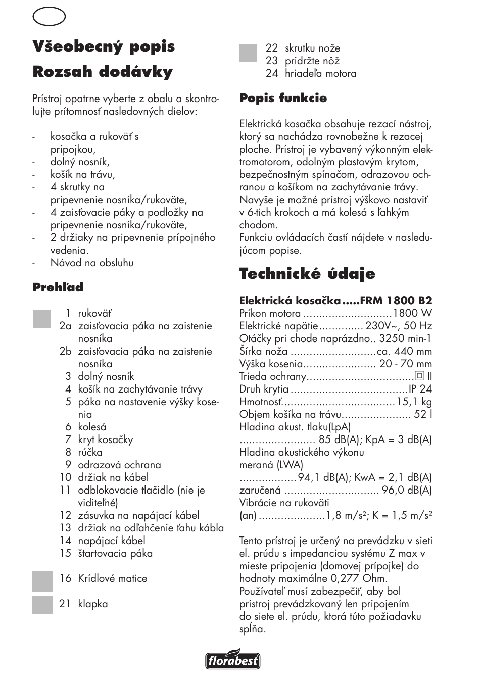 Všeobecný popis rozsah dodávky, Technické údaje | Florabest FRM 1800 B2 User Manual | Page 70 / 108