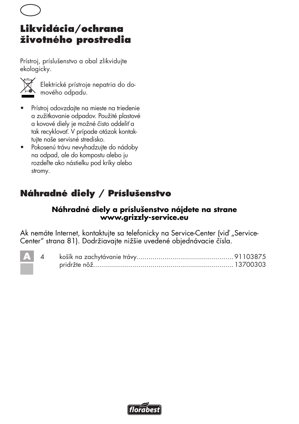 Likvidácia/ochrana životného prostredia, Náhradné diely / príslušenstvo | Florabest FRM 1800 B2 User Manual | Page 78 / 108