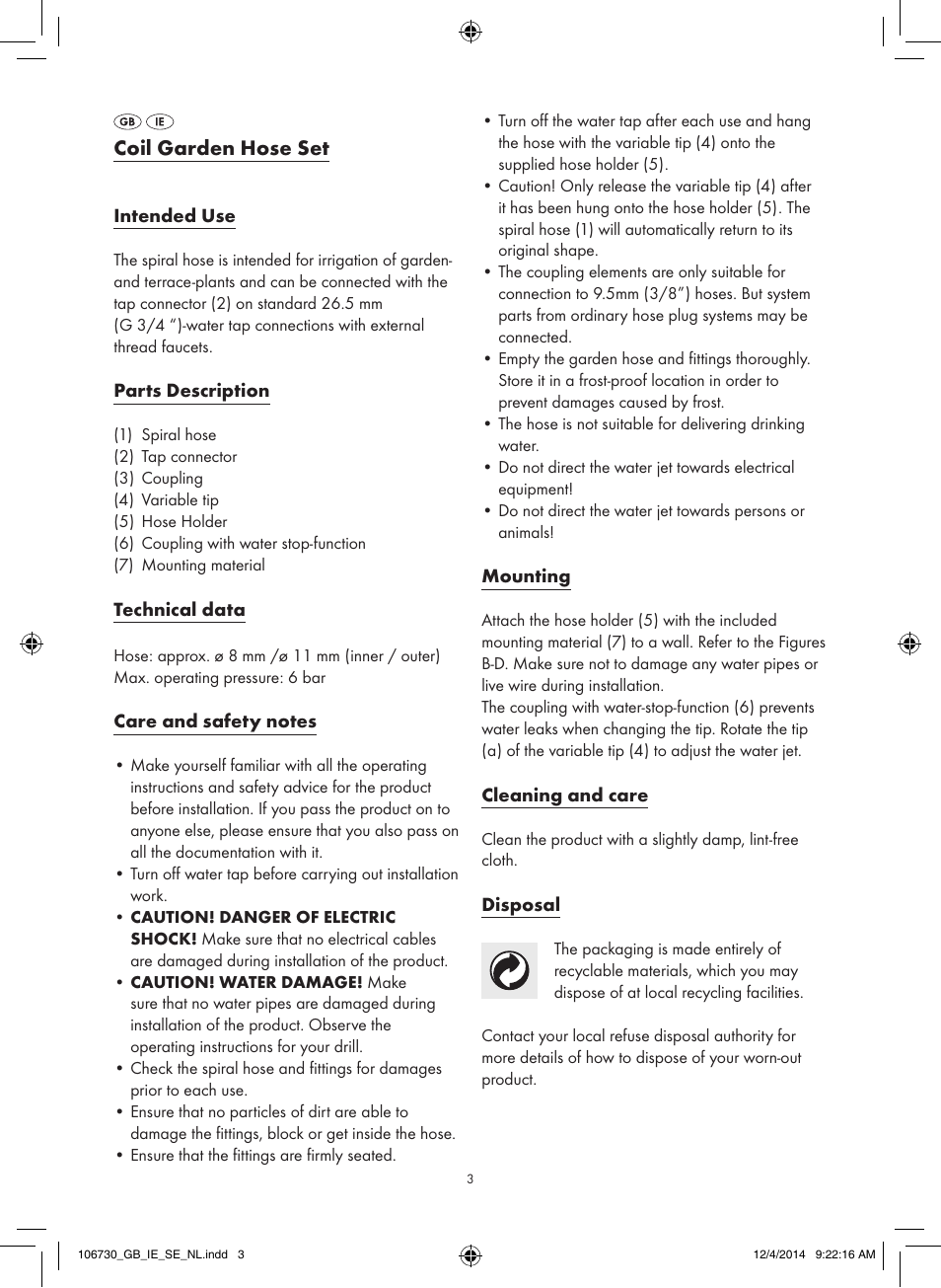 Coil garden hose set | Florabest 106730-14-01 User Manual | Page 3 / 15