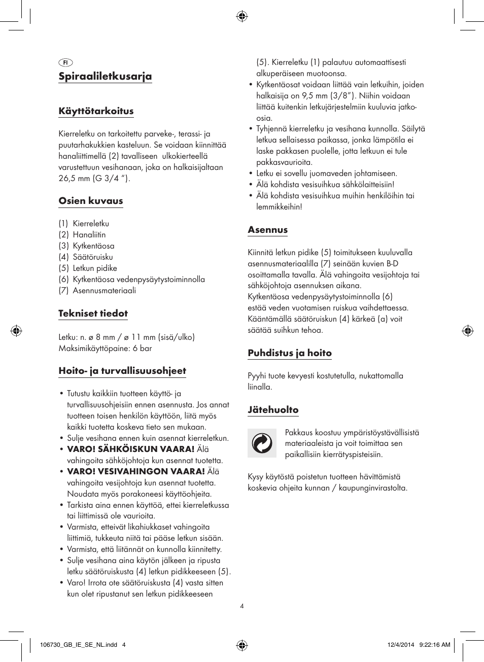 Spiraaliletkusarja | Florabest 106730-14-01 User Manual | Page 4 / 15