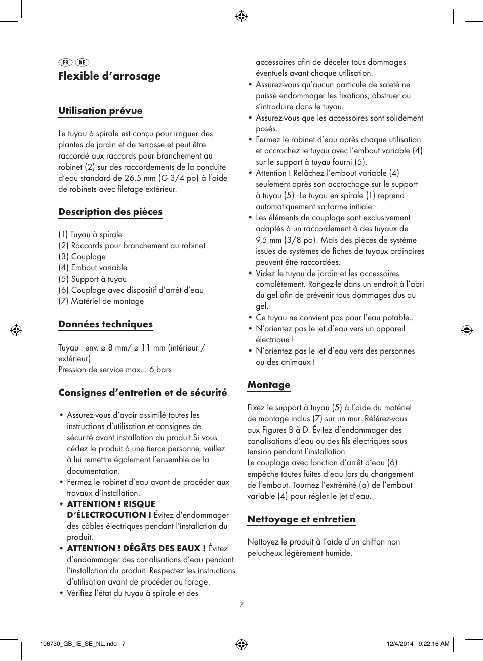 Flexible d’arrosage | Florabest 106730-14-01 User Manual | Page 7 / 15
