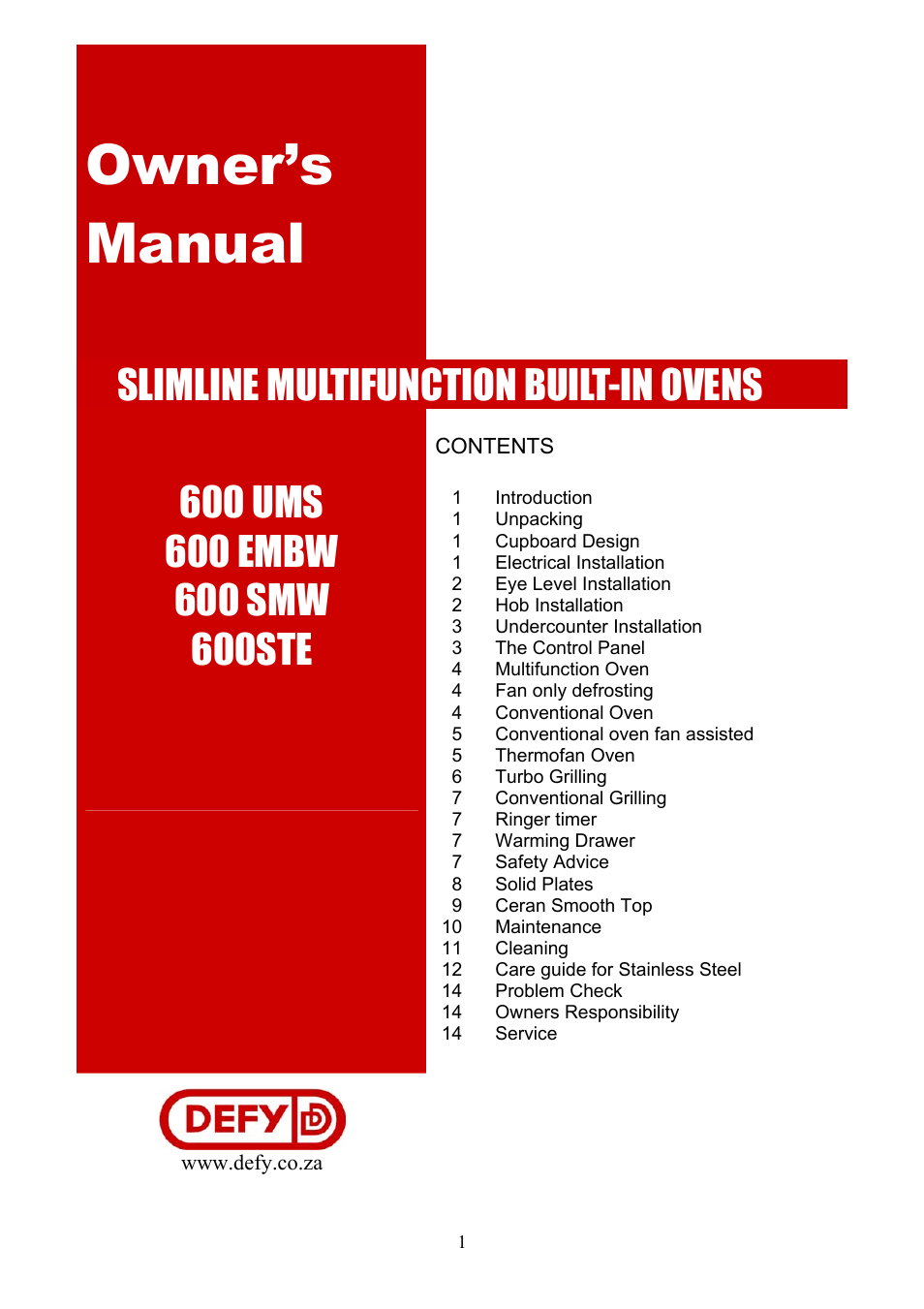 Defy Appliances 600 SMW User Manual | 16 pages