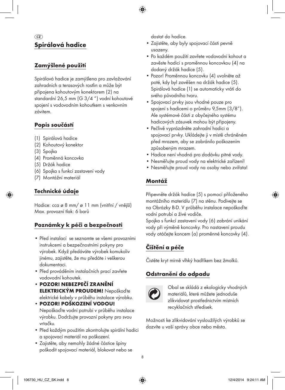 Spirálová hadice | Florabest 106730-14-01 User Manual | Page 8 / 14