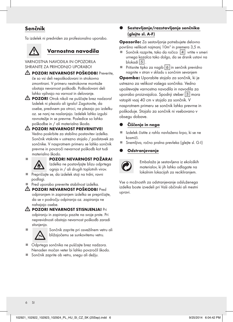 Senčnik, Varnostna navodila | Florabest 102921-14-01 User Manual | Page 6 / 13