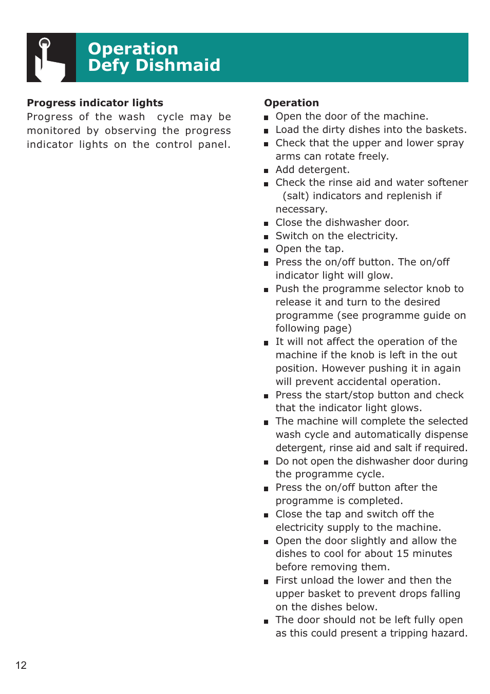 Operation defy dishmaid | Defy Appliances DDW 157 User Manual | Page 12 / 18