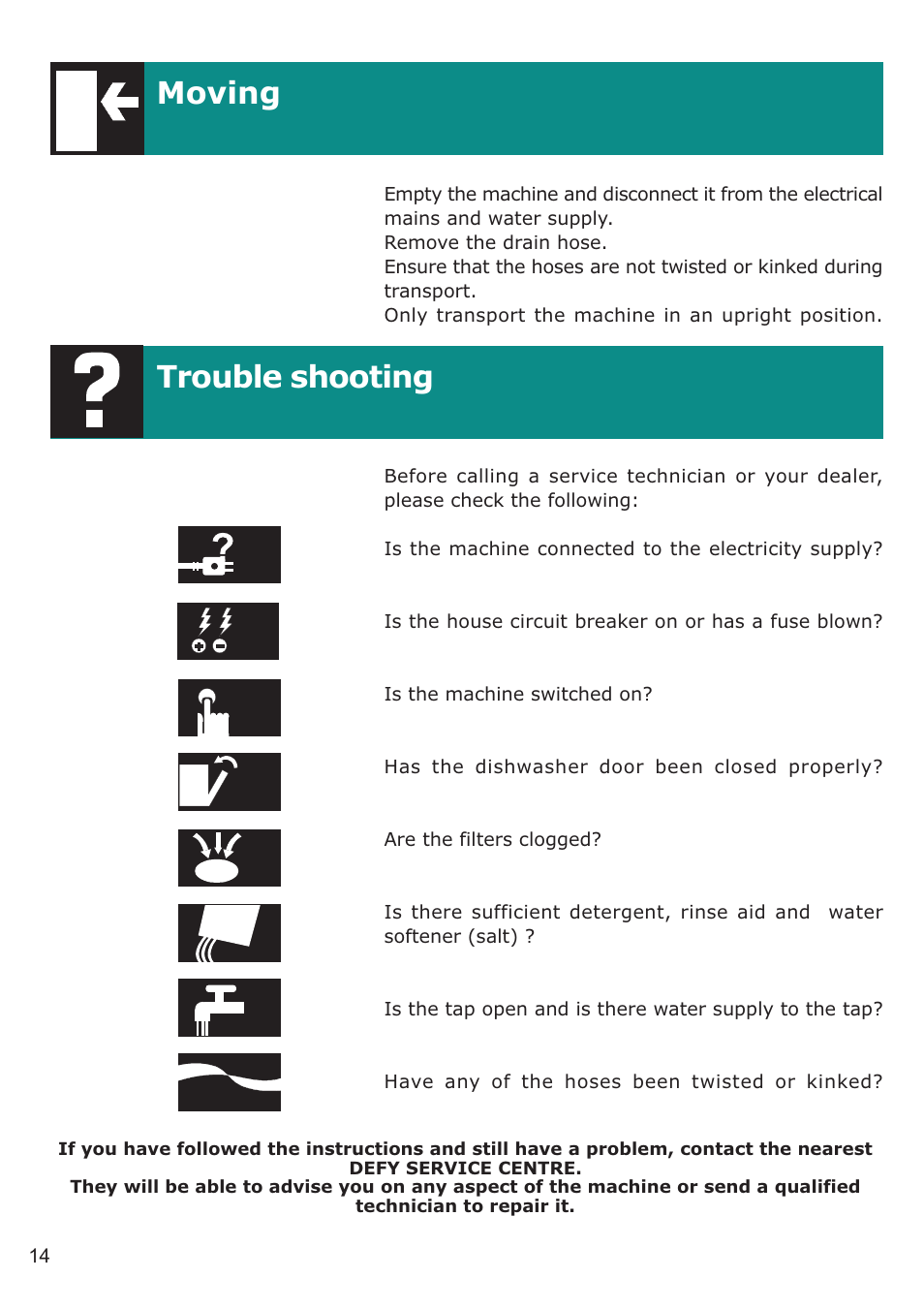 Moving trouble shooting | Defy Appliances DDW 157 User Manual | Page 14 / 18