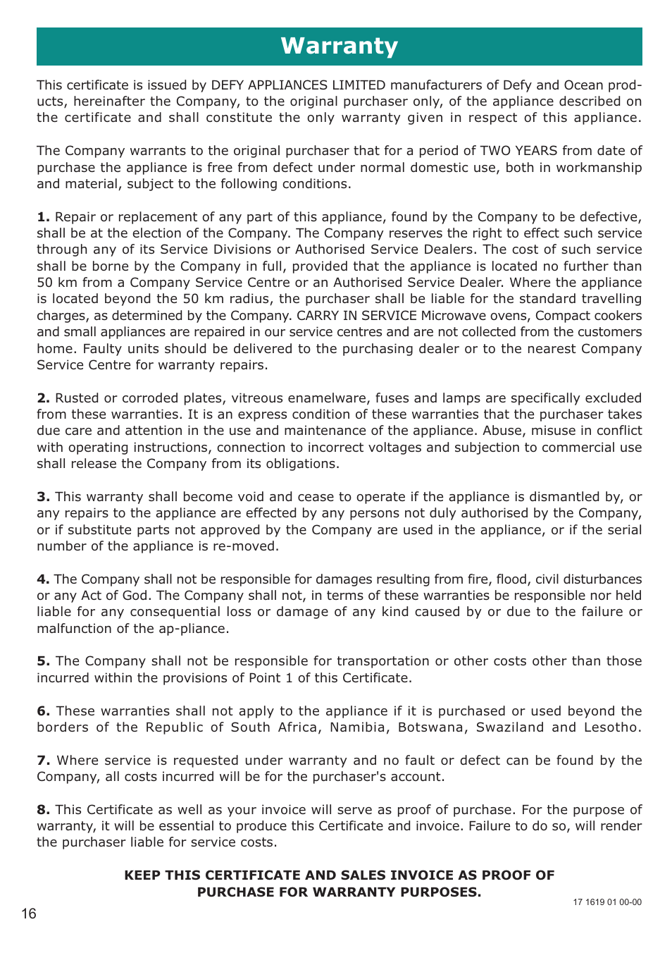 Warranty | Defy Appliances DDW 157 User Manual | Page 16 / 18