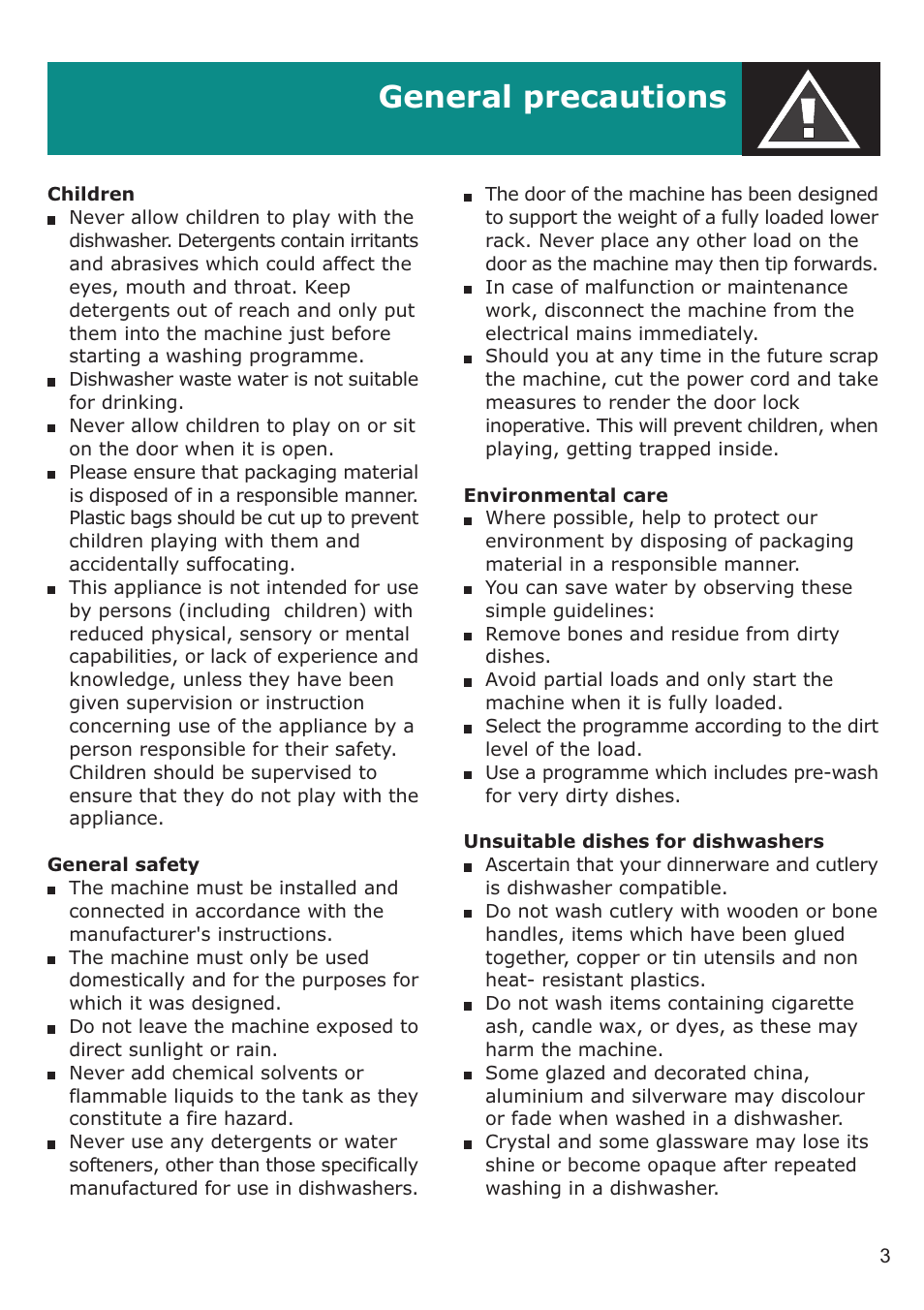 General precautions | Defy Appliances DDW 157 User Manual | Page 3 / 18