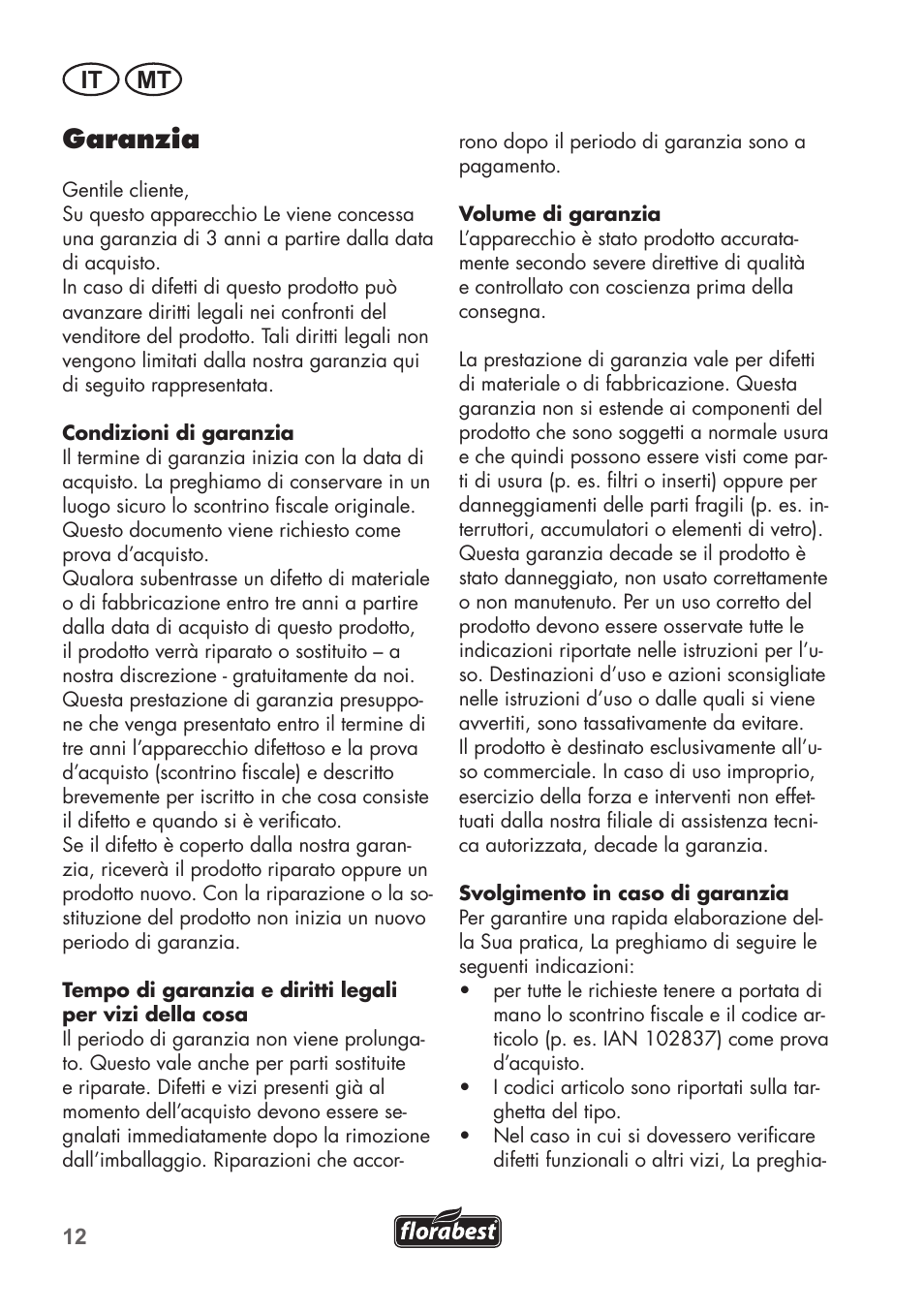 Garanzia, It mt | Florabest FGPS 1100 B2 User Manual | Page 12 / 40