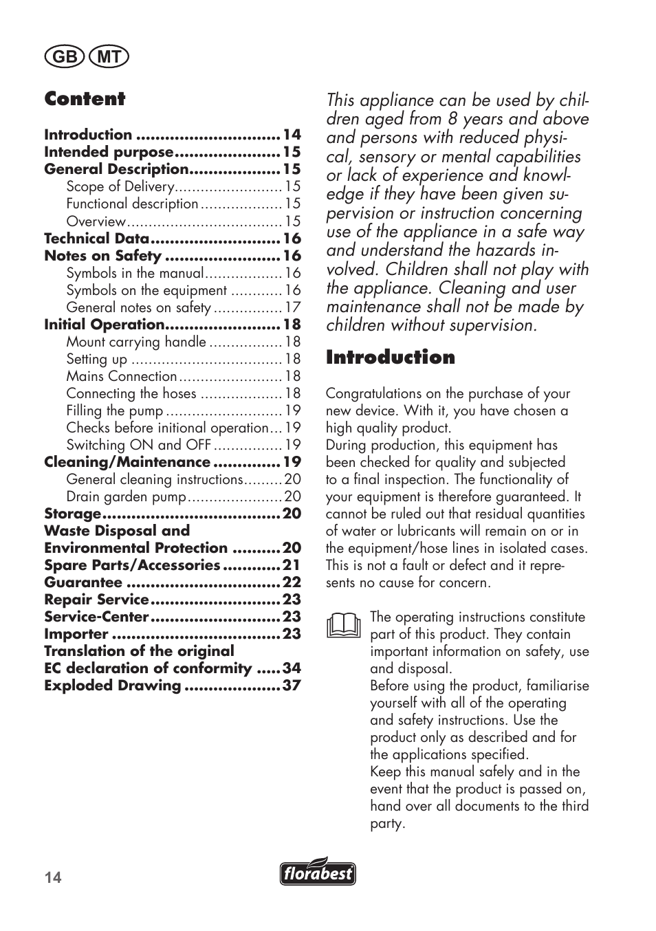 Introduction, Content | Florabest FGPS 1100 B2 User Manual | Page 14 / 40