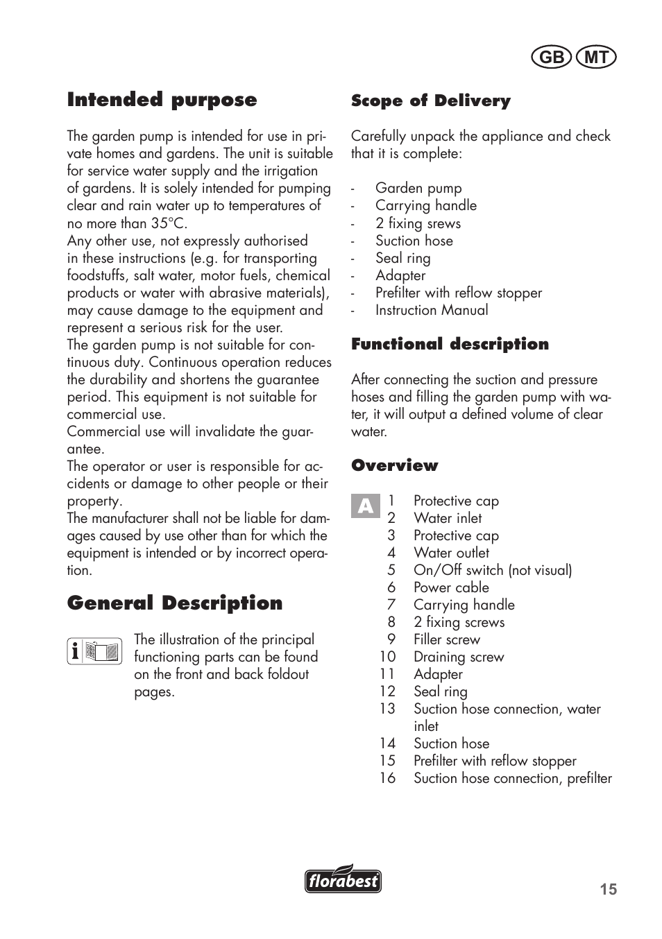 Intended purpose, General description, Gb mt | Florabest FGPS 1100 B2 User Manual | Page 15 / 40