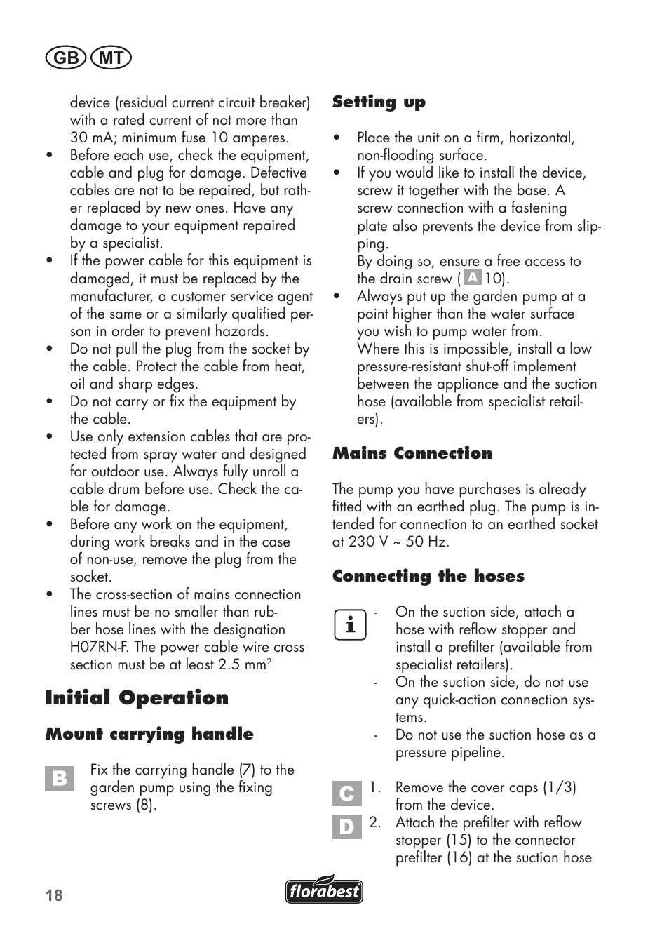 Initial operation, Gb mt | Florabest FGPS 1100 B2 User Manual | Page 18 / 40