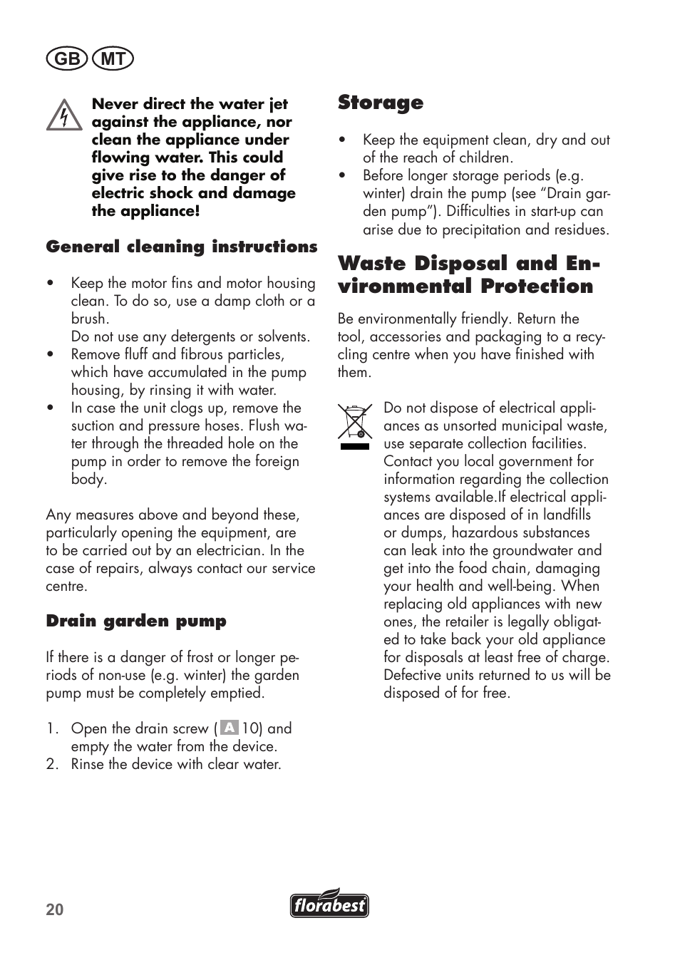 Storage, Waste disposal and en- vironmental protection, Gb mt | Florabest FGPS 1100 B2 User Manual | Page 20 / 40