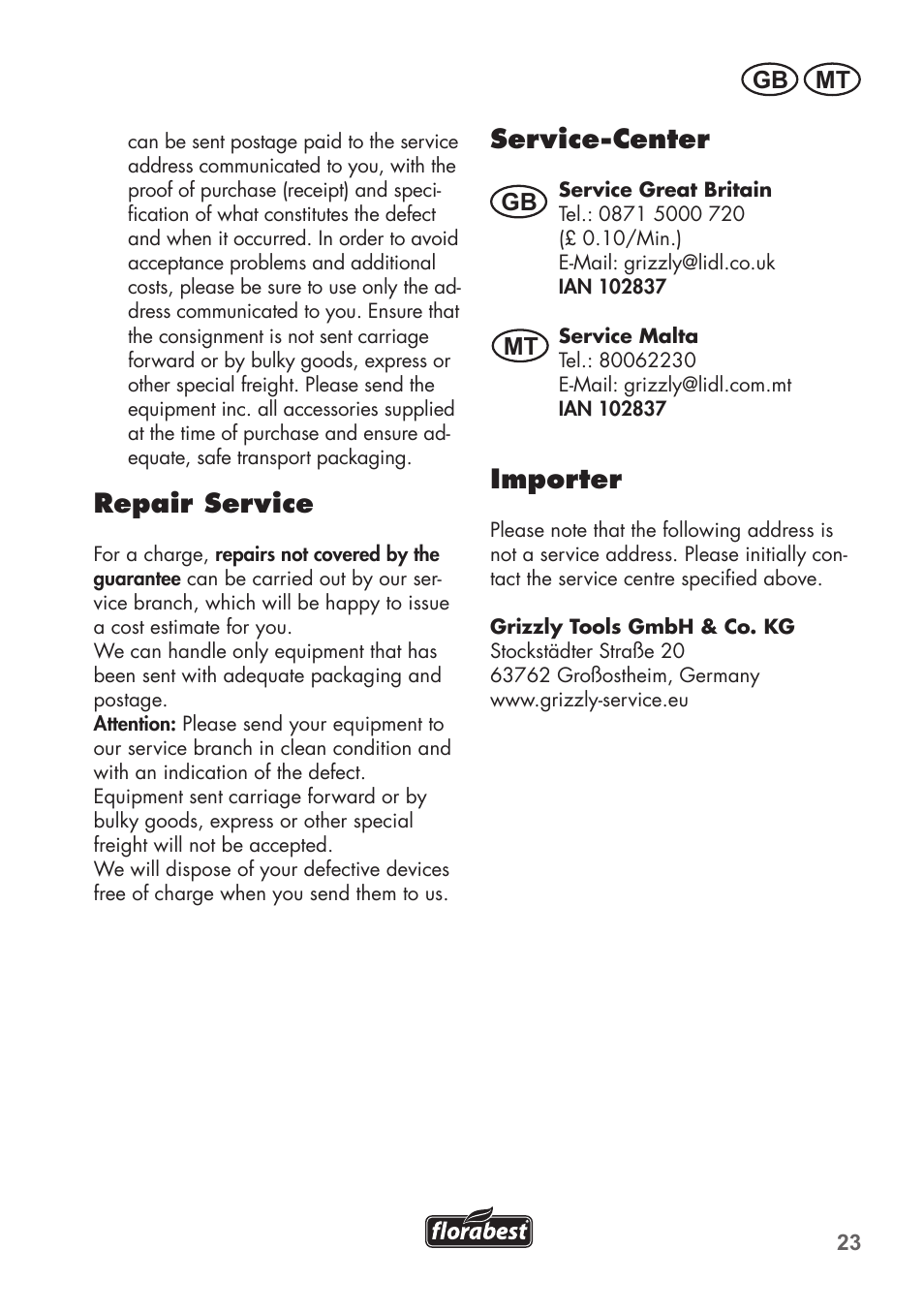 Repair service, Service-center, Importer | Gb mt | Florabest FGPS 1100 B2 User Manual | Page 23 / 40