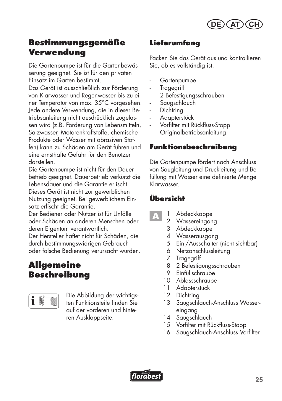 Bestimmungsgemäße verwendung, Allgemeine beschreibung, De at ch | Florabest FGPS 1100 B2 User Manual | Page 25 / 40