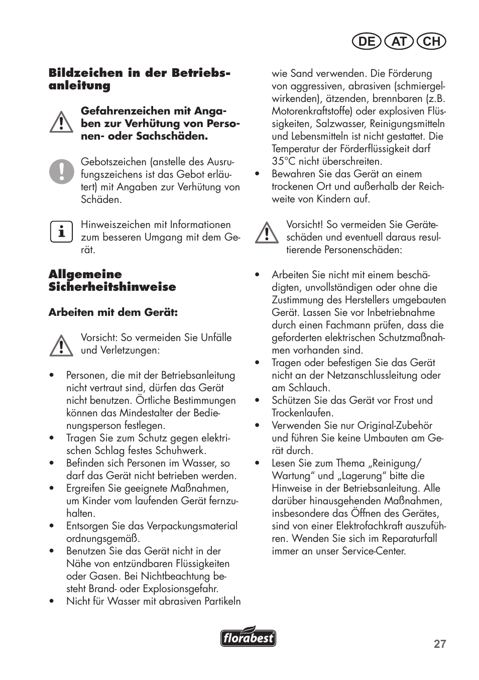 De at ch | Florabest FGPS 1100 B2 User Manual | Page 27 / 40