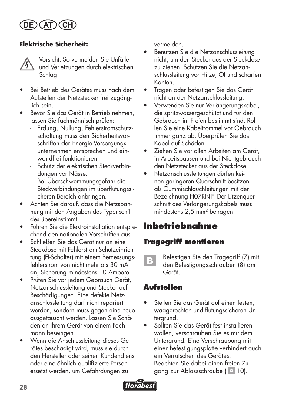 Inbetriebnahme, De at ch | Florabest FGPS 1100 B2 User Manual | Page 28 / 40