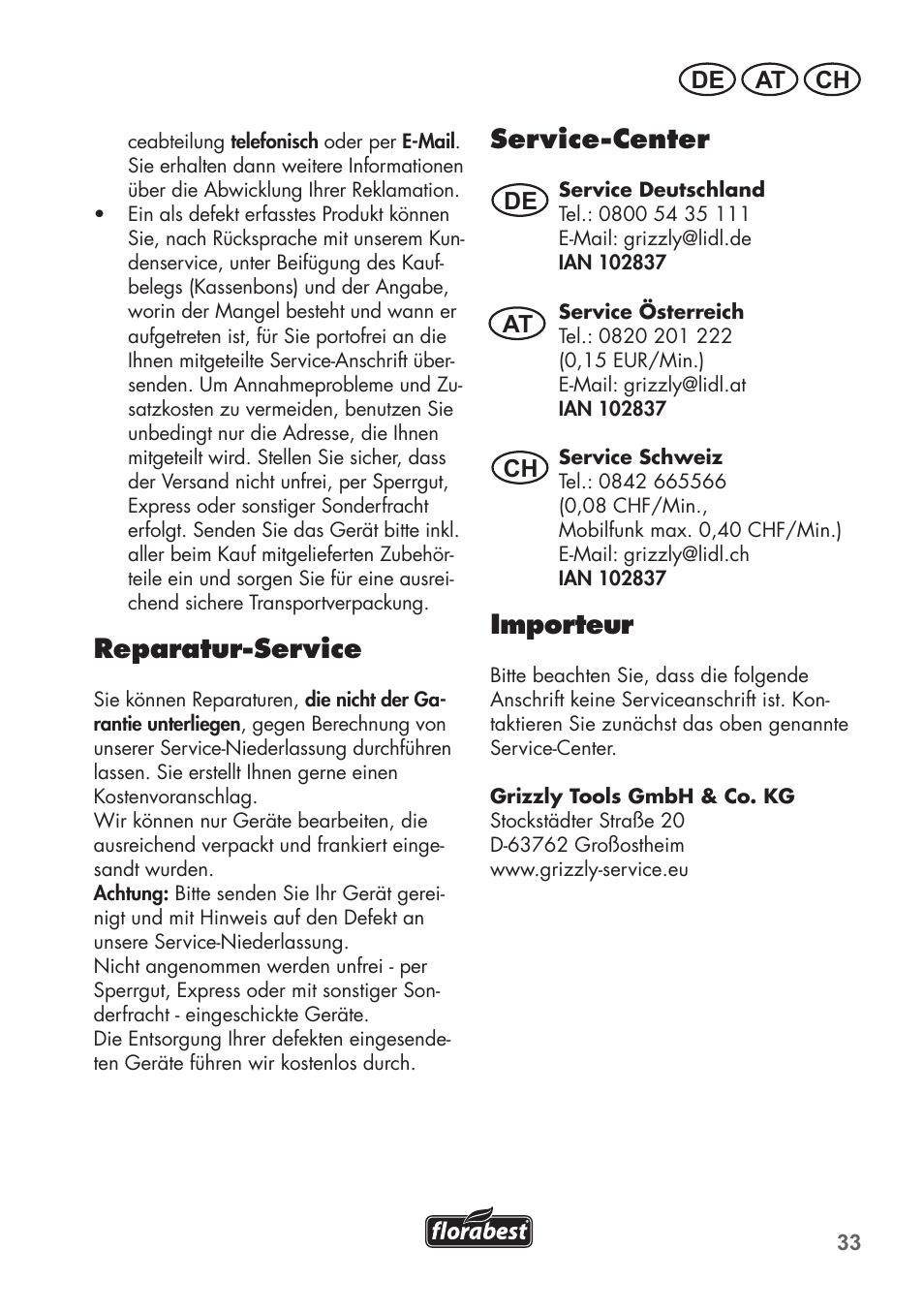 Reparatur-service, Service-center, Importeur | De at ch de at ch | Florabest FGPS 1100 B2 User Manual | Page 33 / 40