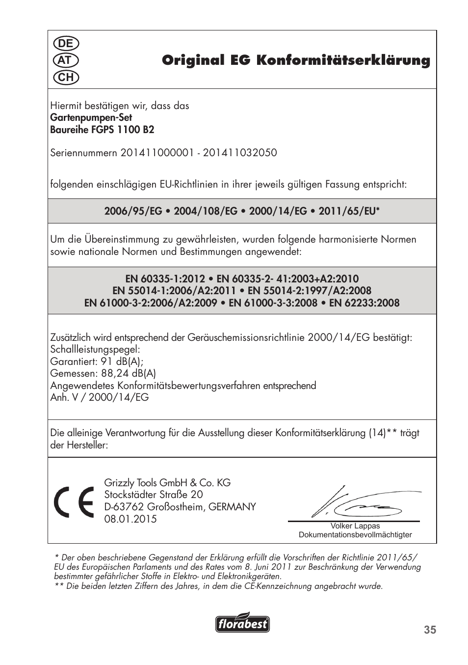 Original eg konformitätserklärung | Florabest FGPS 1100 B2 User Manual | Page 35 / 40