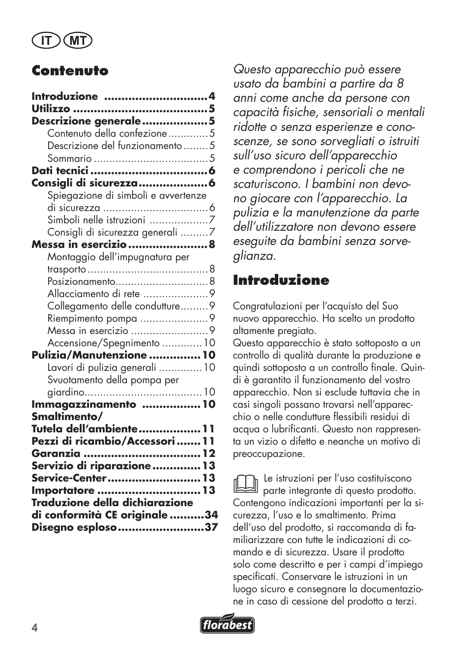 Introduzione, Contenuto | Florabest FGPS 1100 B2 User Manual | Page 4 / 40