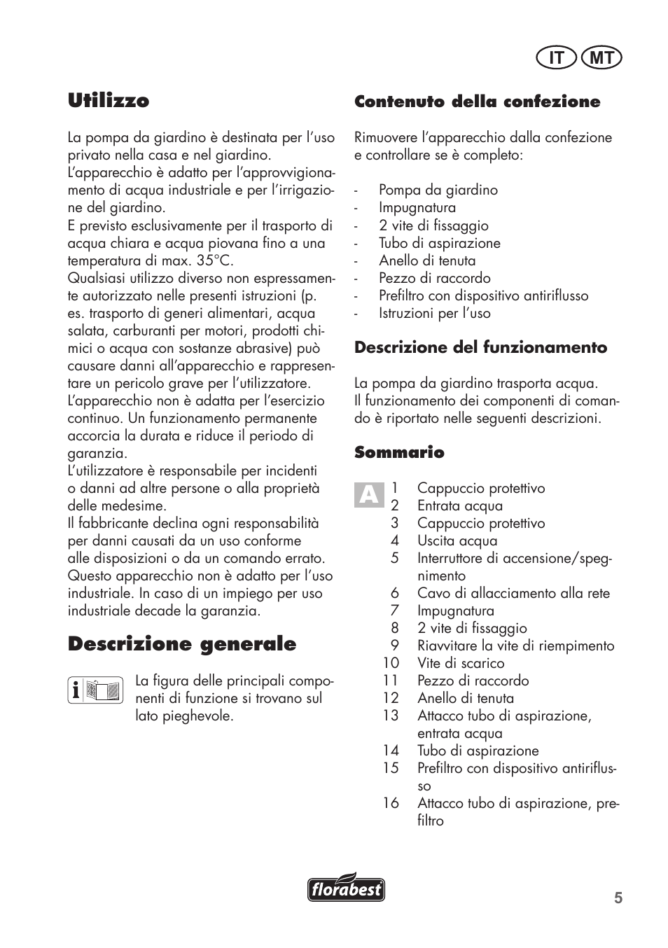 Utilizzo, Descrizione generale, It mt | Florabest FGPS 1100 B2 User Manual | Page 5 / 40