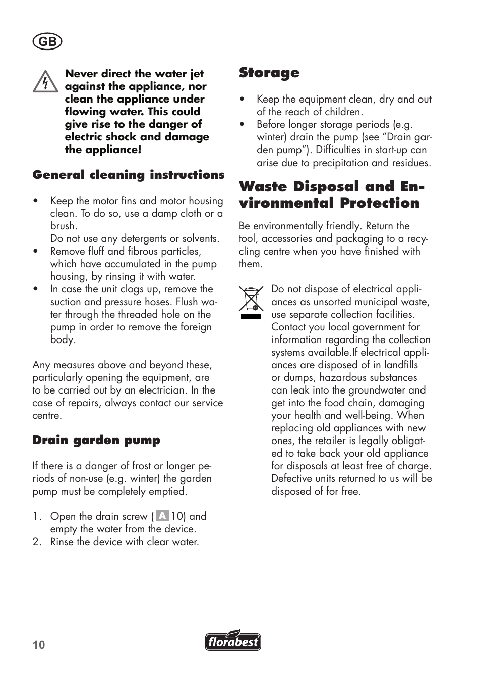 Storage, Waste disposal and en- vironmental protection | Florabest FGPS 1100 B2 User Manual | Page 10 / 60