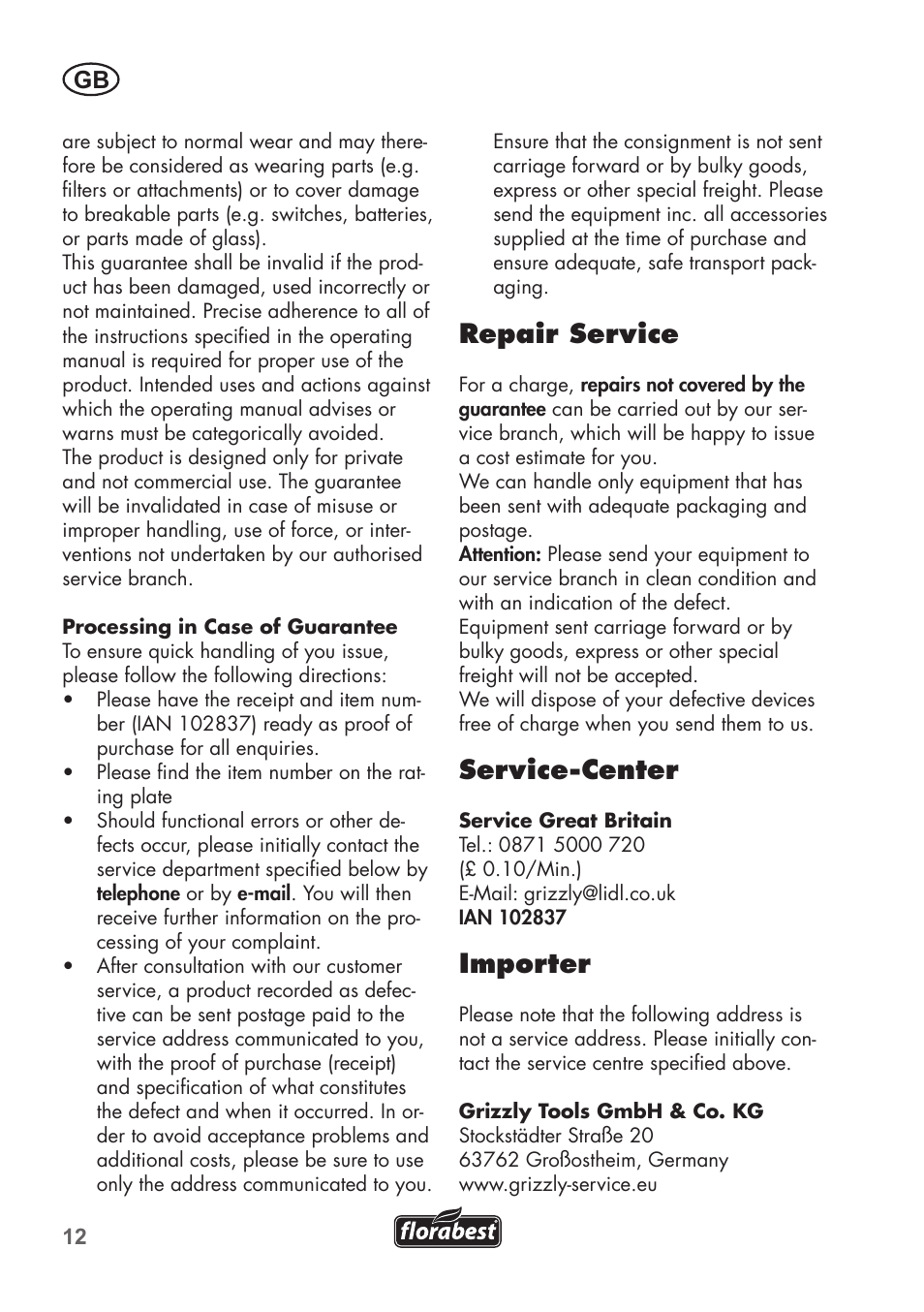 Repair service, Service-center, Importer | Florabest FGPS 1100 B2 User Manual | Page 12 / 60