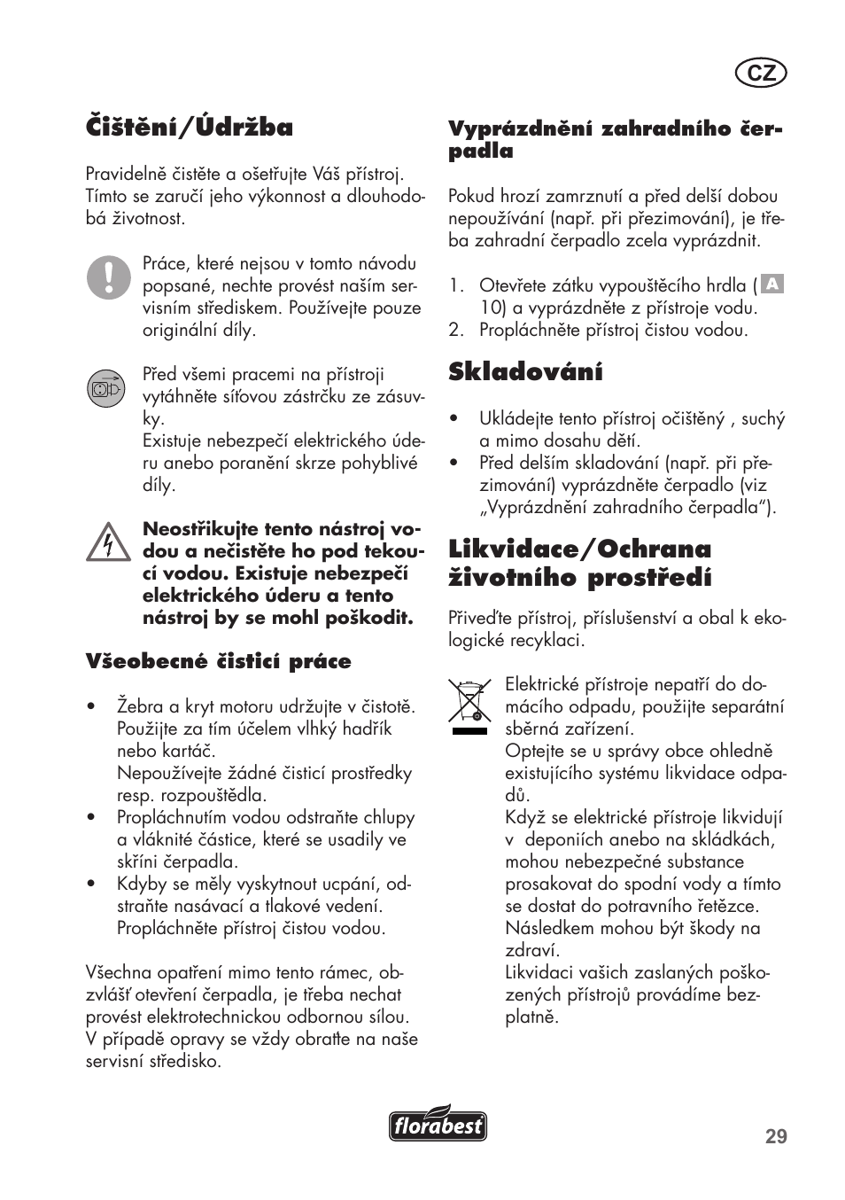 Čištění/údržba, Skladování, Likvidace/ochrana životního prostředí | Florabest FGPS 1100 B2 User Manual | Page 29 / 60