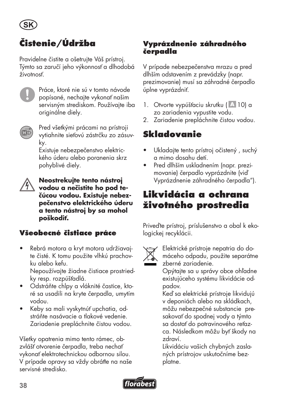 Likvidácia a ochrana životného prostredia, Čistenie/údržba, Skladovanie | Florabest FGPS 1100 B2 User Manual | Page 38 / 60