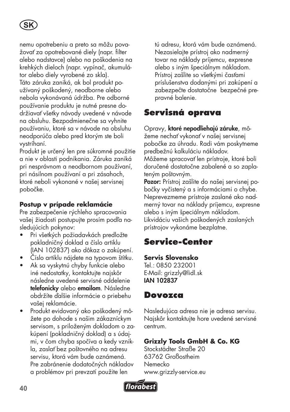 Servisná oprava, Service-center, Dovozca | Florabest FGPS 1100 B2 User Manual | Page 40 / 60