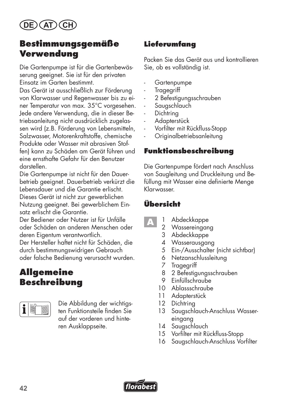 Bestimmungsgemäße verwendung, Allgemeine beschreibung, De at ch | Florabest FGPS 1100 B2 User Manual | Page 42 / 60