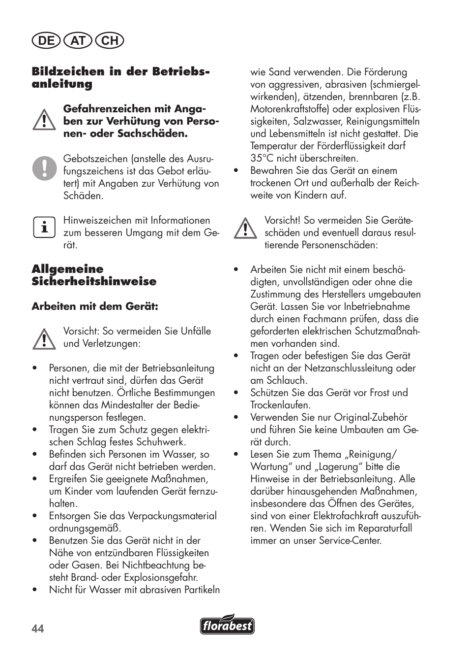 De at ch | Florabest FGPS 1100 B2 User Manual | Page 44 / 60