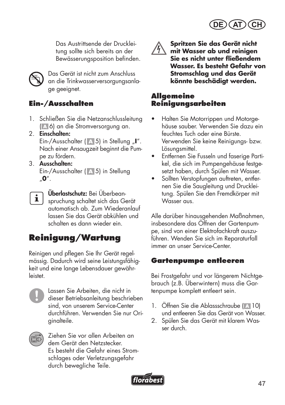 Reinigung/wartung, De at ch | Florabest FGPS 1100 B2 User Manual | Page 47 / 60