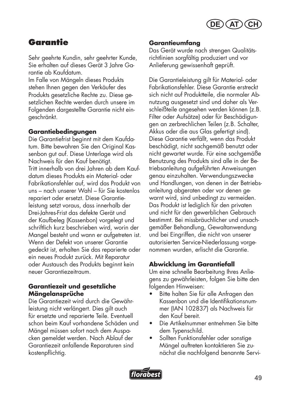 Garantie, De at ch | Florabest FGPS 1100 B2 User Manual | Page 49 / 60